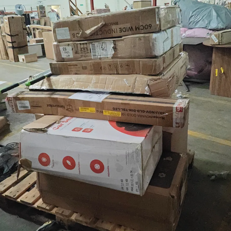 PALLET OF ASSORTED HOUSEHOLD GOODS AND PRODUCTS TO INCLUDE;CAR SEAT, INDUCTION HOB,SUN LOUNGERS