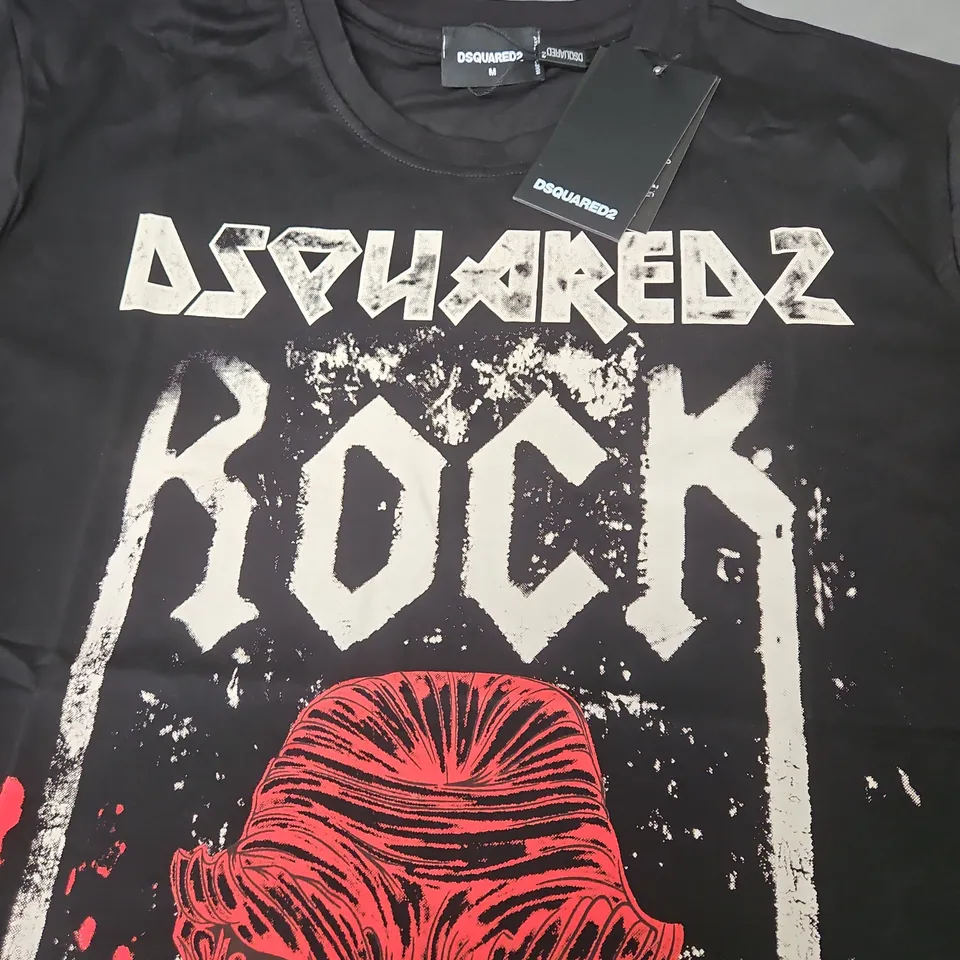 DSQUARED2 T-SHIRT – BLACK GRAPHIC SKULL 'ROCK', MEN'S SIZE M