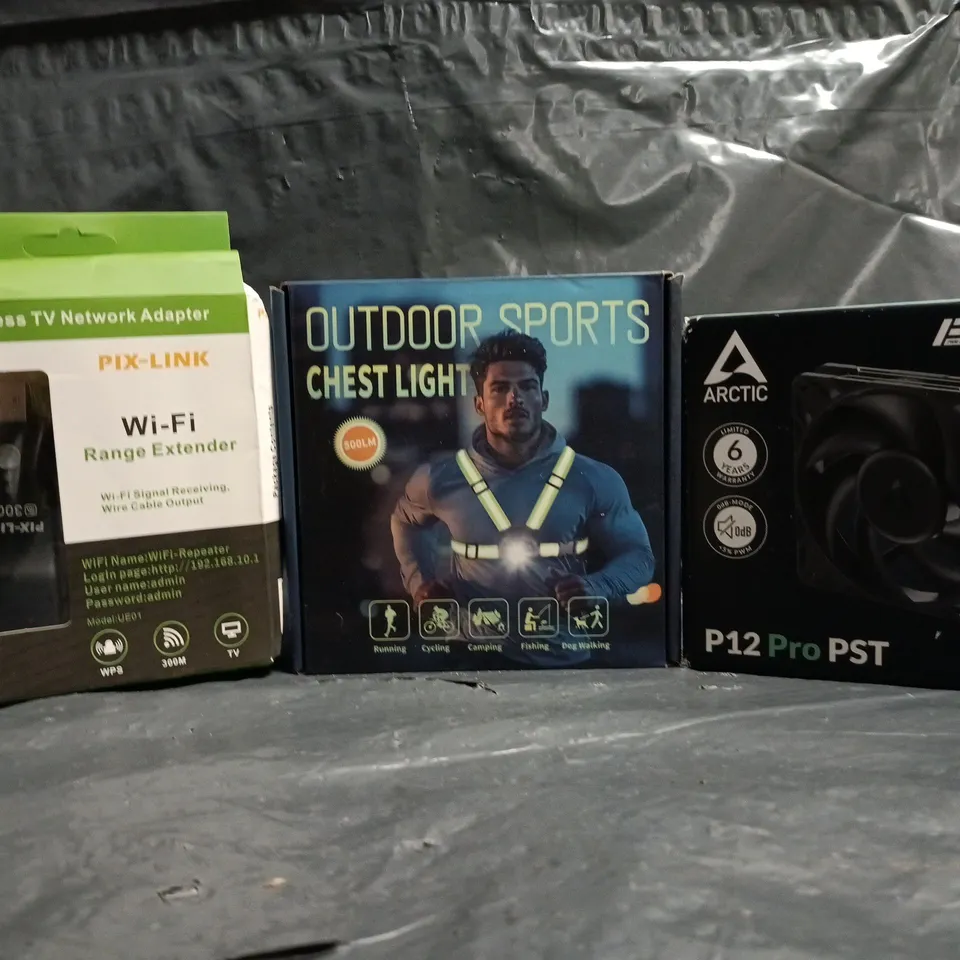 APPROXIMATELY 15 ASSORTED HOUSEHOLD ITEMS TO INCLUDE ARCTIC P12 PRO PST, OUTDOOR SPORTS CHEST LIGHT, ETC