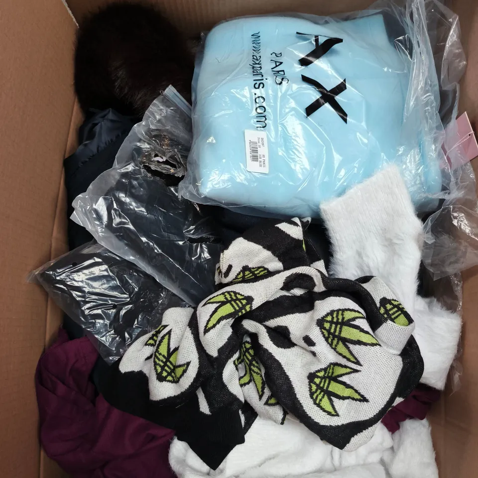 LARGE BOX OF APPROXIMATELY 25 ASSORTED CLOTHING ITEMS IN VARIOUS COLOURS, STYLES AND SIZES - COLLECTION ONLY