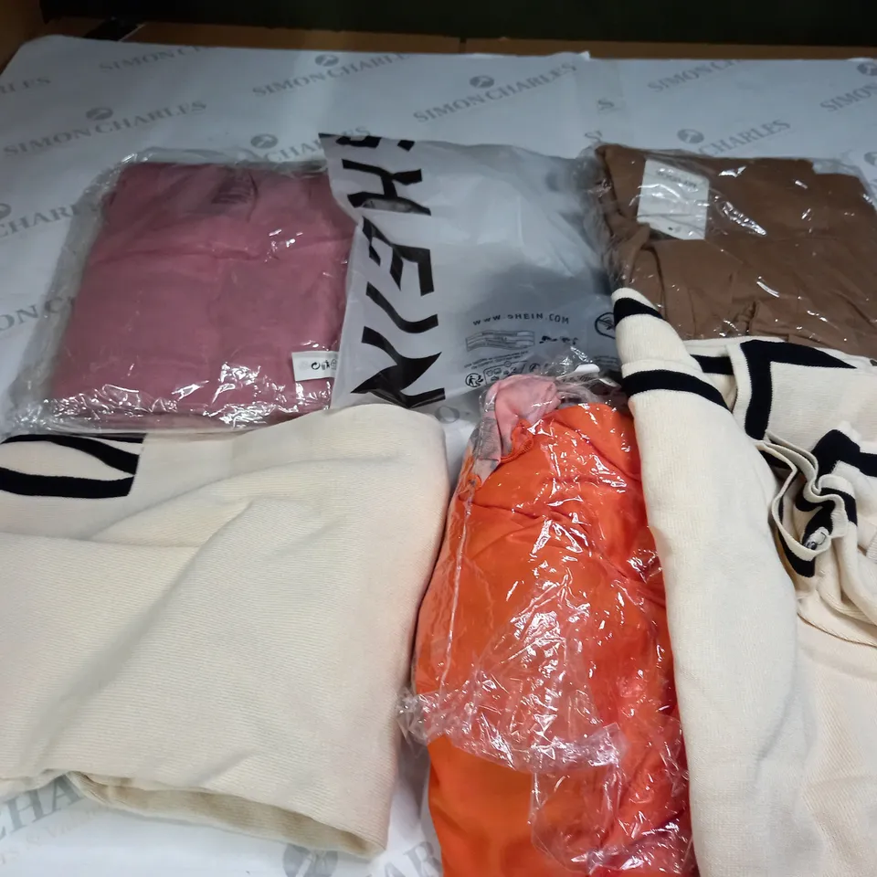 BOX OF ASSORTED CLOTHING ITEMS TOO INCLUDE JUMPERS, SHIRTS AND TROUSERS IN VARIOUS SIZES AND COLOURS   