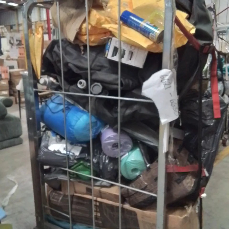 CAGE OF ASSORTED HOUSEHOLD GOODS AND PRODUCTS TO INCLUDE;LED PARTY RINGS,YOGA MATS,DUMMY CAMERA,PLAYPEN,HEATED THROW 