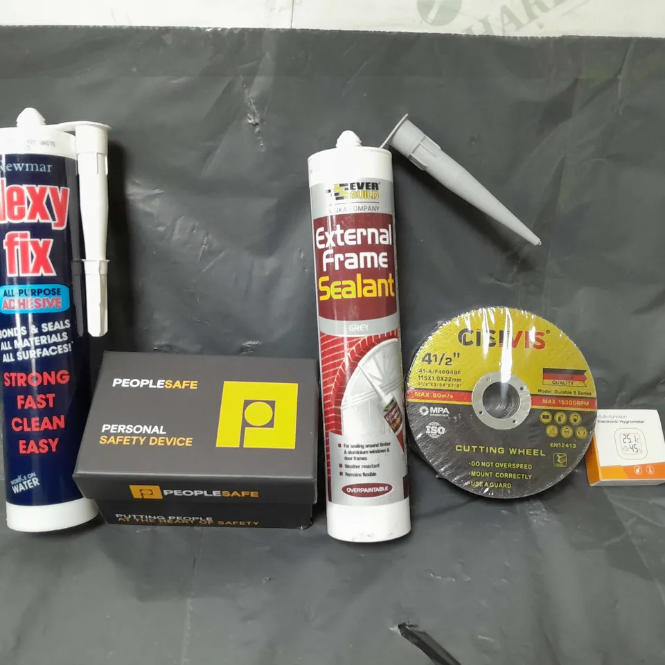 BOX OF APPROXIMATELY 14 ASSORTED ITEMS TO INCLUDE - ELECTRONIC HYDROMETER , CISIVIS CUTTING WHEEL , PEOPLE SAFE PERSONAL SAFETLY DEVICE ETC