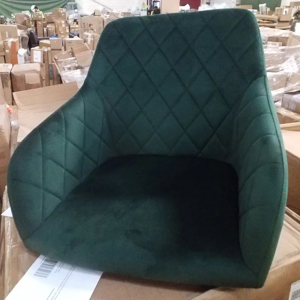 BOXED PAIR OF SOFT VELVET UPHOLSTERED GREEN SIDE/DINING CHAIRS.