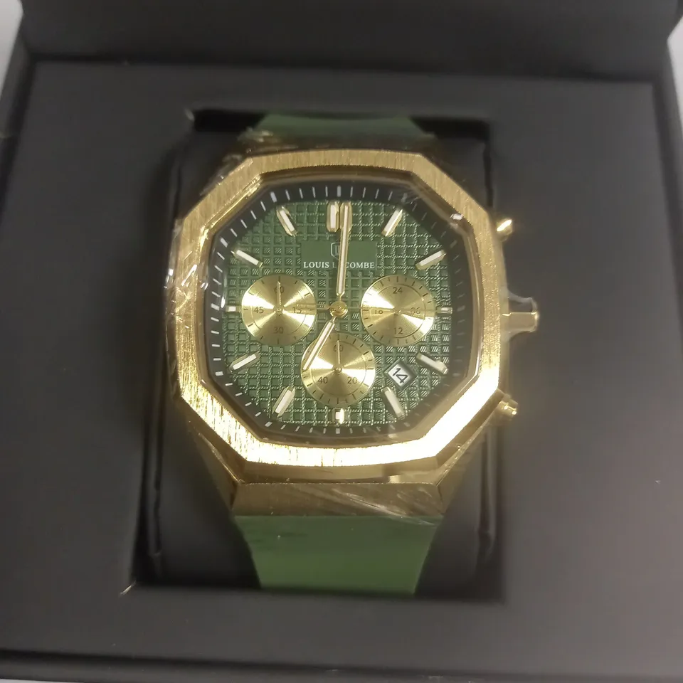 LOUIS LACOMBE MENS CHRONOGRAPH WATCH WITH 3 SUB DIALS AND GOLD COLOUR CASE WITH GREEN RUBBER STRAP IN BOX RRP £380