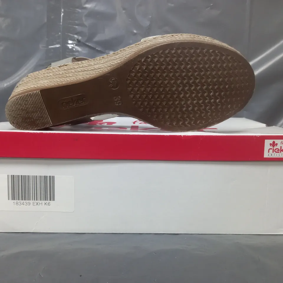 BOXED PAIR OF RIEKER WEDGE SANDALS IN MULTI SIZE 6