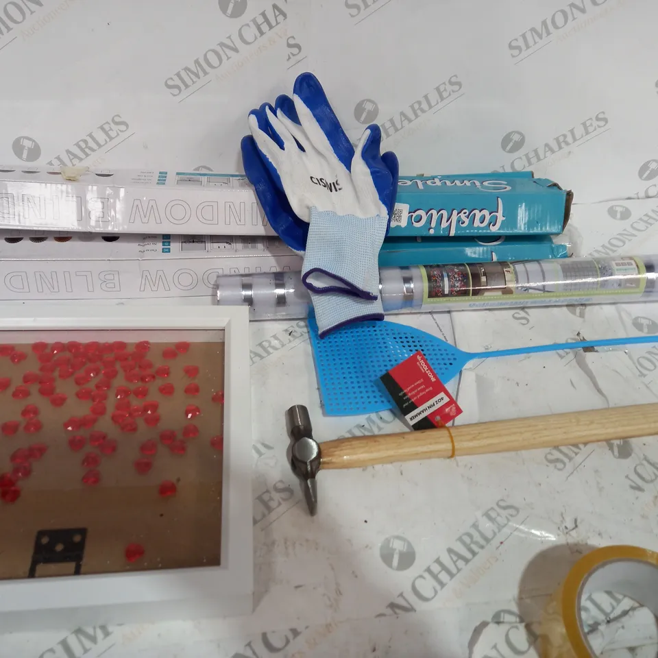 box of approximately 8 assorted items to include 4oz pin hammer, fly swatter, gloves etc