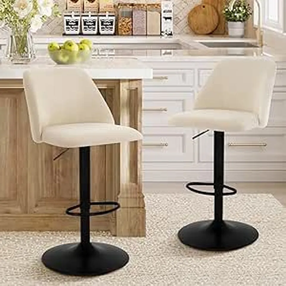BOXED SET OF 2 BEIGE VELVET SWIVEL BARSTOOLS