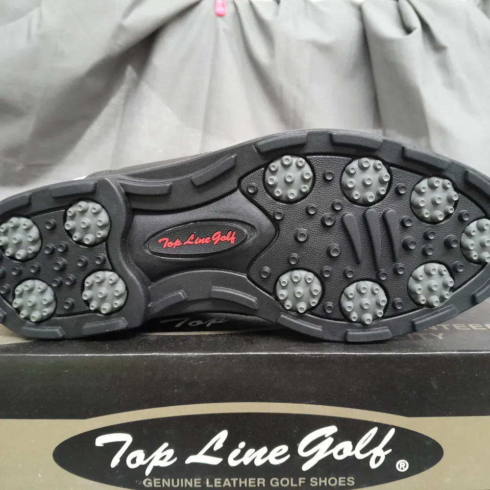 BOX OF APPROX 12 TOP LINE GOLF BLACK & WHITE GOLF SHOES IN VARIOUS SIZES