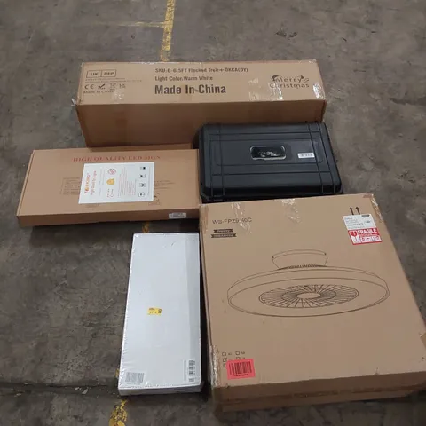 PALLET OF ASSORTED ITEMS INCLUDING: KITCHEN TAP, LED SIGNS, ARTIFICIAL CHRISTMAS TREE, FAN LIGHT, COSTWAY CASE ECT