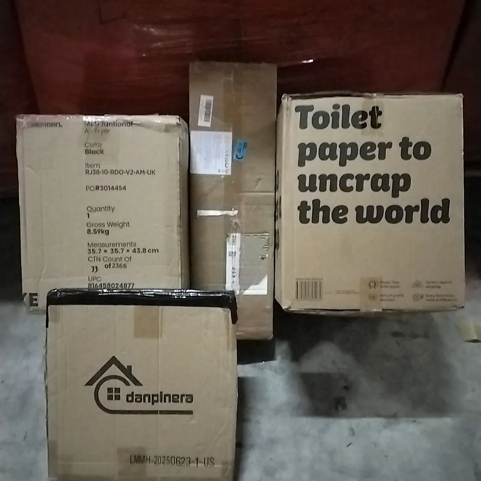PALLET OF HOUSEHOLD ITEMS TO INCLUDE MULTIFUNCTIONAL AIR FRYER, OUTDOOR SIDE TABLE, 100% RECYCLED TOILET PAPER AND OTHER ASSORTED ITEMS...