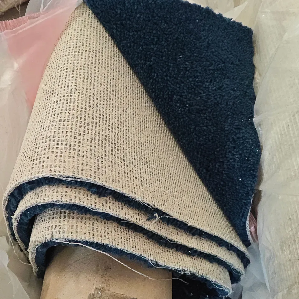 QUALITY BAGGED AND ROLLED DURHAM TWIST 50 CARPET IN NAVY BLUE- APPROXIMATELY LENGTH 3.2M WIDTH 5M