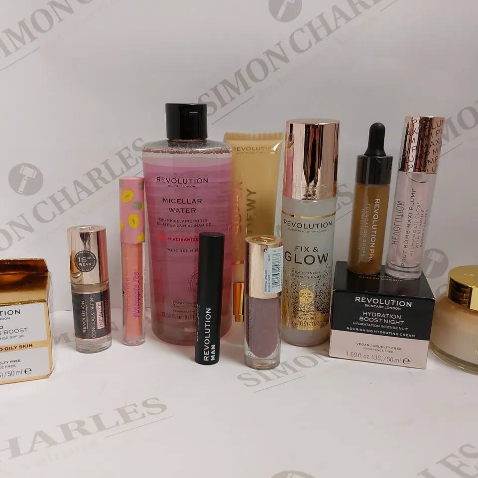 BOX OF APPROX 10 REVOLUTION ITEMS TO INCLUDE HYDRATION BOOST NIGHT CREAM, SPF30 VEGAN PROTECTING BOOST, FIX AND GLOW FIXING SPRAY
