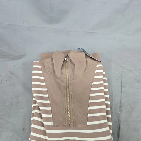 RUTH LANGSFORD STRIPED ZIP-FRONT KNIT JUMPER – BROWN & CREAM  UK M