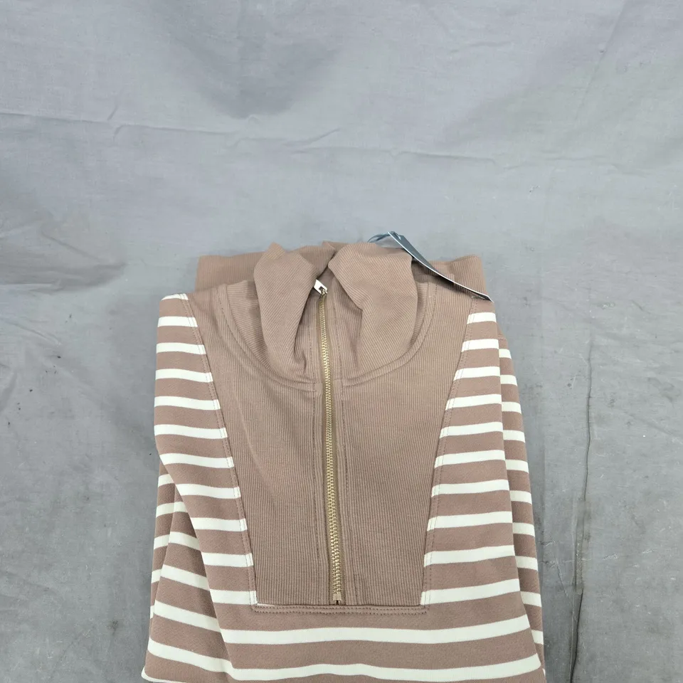 RUTH LANGSFORD STRIPED ZIP-FRONT KNIT JUMPER – BROWN & CREAM  UK M