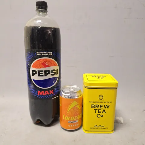 APPROXIMATELY 8 ASSORTED DRINK ITEMS TO INCLUDE - PEPSI MAX , LUCOZADE ORANGE , ENGLISH BREAKFAST BREW TEA ETC