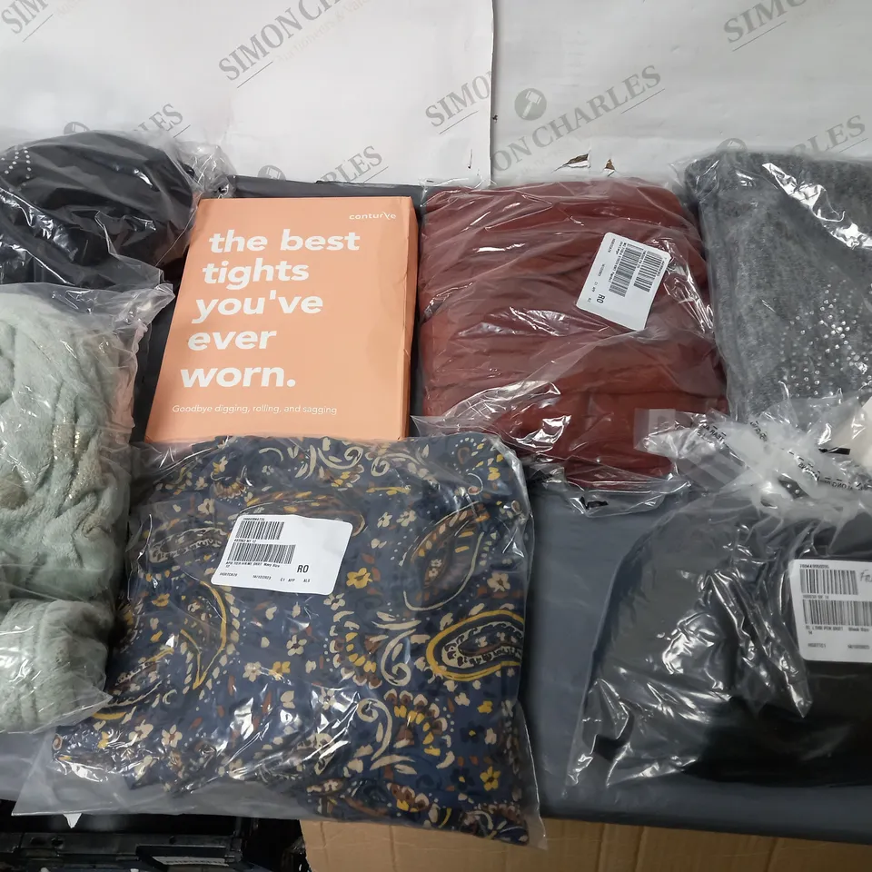 BOX OF ASSORTED CLOTHING ITEMS TOO INCLUDE TOPS , JUMPERS, AND PANTS ETC. 
