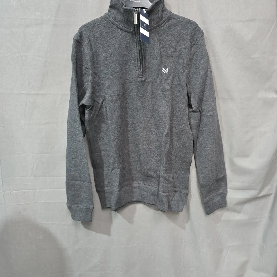 CREW CLOTHING COMPANY HALF-ZIP KNIT JUMPER – DARK GREY, UK SIZE S