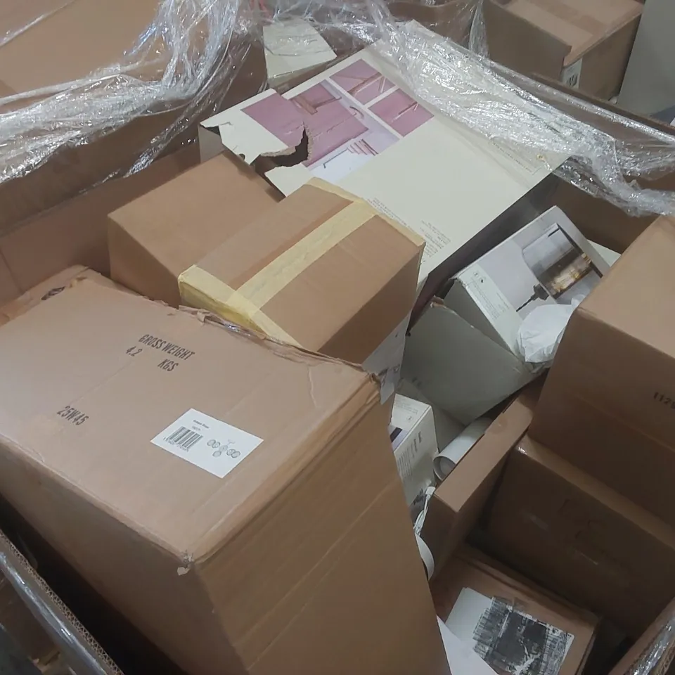 PALLET CONTAINING A VERY LARGE QUANTITY OF ASSORTED DESIGNER LIGHTING PRODUCTS TO INCLUDE: BAR CEILING LIGHTS, TABLE LAMP, FLOOR LAMP ECT