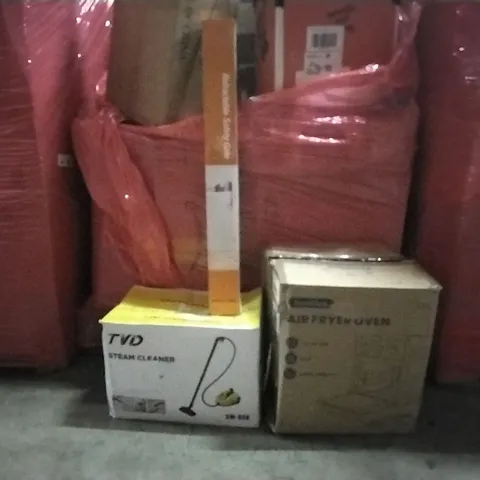 PALLET OF ASSORTED HOUSEHOLD GOODS AND PRODUCTS TO INCLUDE;STEAM CLEANER,RETRACTABLE SAFETY GATE,AIR FRYER OVEN,STEAM CLEANER 