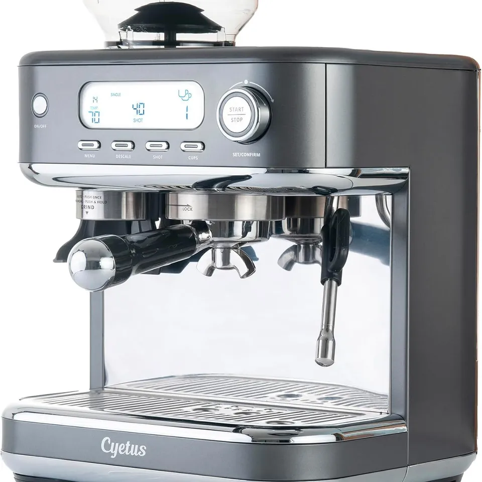 BOXED CYETUS ESPRESSO MACHINE BUILT IN GRINDER, MILK STEAM WAND, LCD DISPLAY, BARISTA COFFEE MAKER FOR HOME, ALL IN ONE LATTE CAPPUCCINO MACHINE, BRUSHED STAINLESS STEEL, METALIC GREY