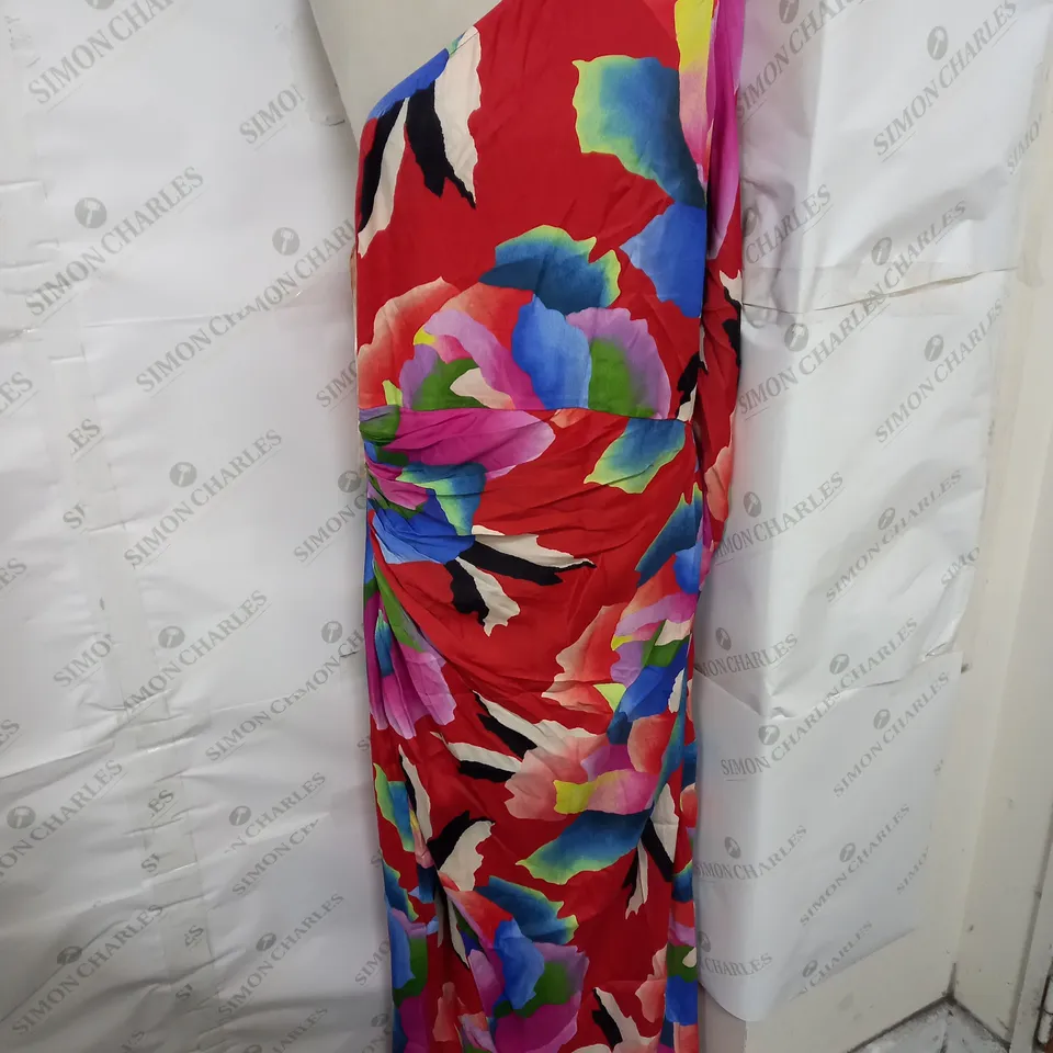 ANTHROPOLOGIE ONE SHOULDER RUCHED MAXI DRESS IN RED FLORAL SIZE XL