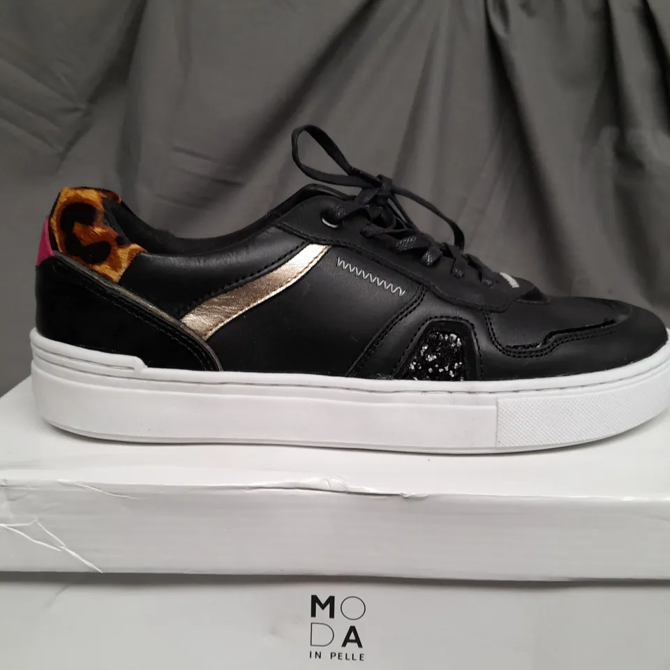 BOXED PAIR OF MODA IN PELLE BELGRAVE BLACK SEQUIN TRAINERS - SIZE 6