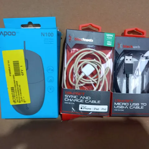BOX OF APPROXIMATELY 10 ASSORTED ELECTRICAL ITEMS TO INCLUDE RAPOO N100 OPTICAL MOUSE, BLACKWEB SYNC & CHARGE CABLE, BLACKWEB MICRO USB TO USB-A CABLE, ETC