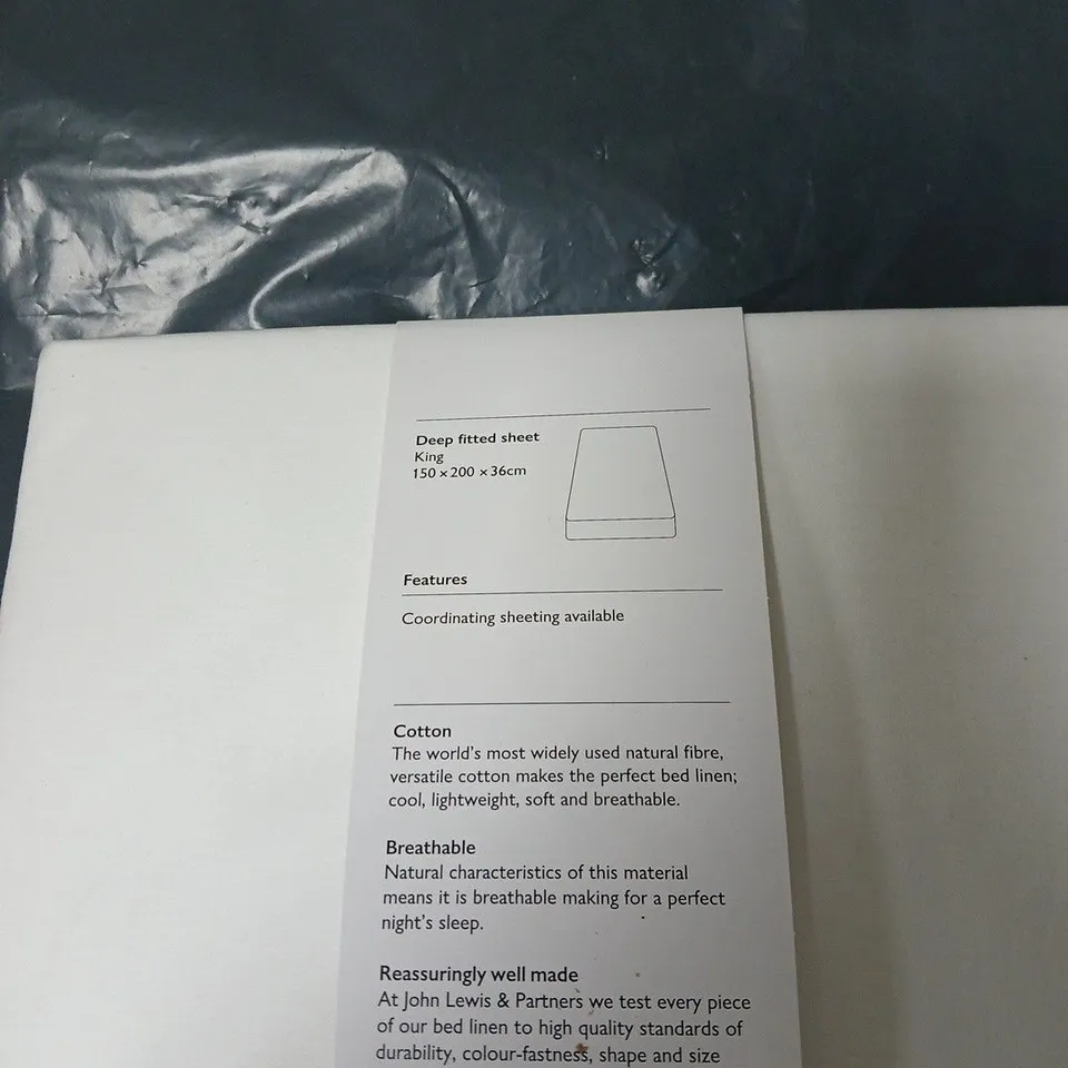 JOHN LEWIS KING SIZED COTTEN DEEP FITTED SHEET, WHITE. 150 X 200 X 36 CM