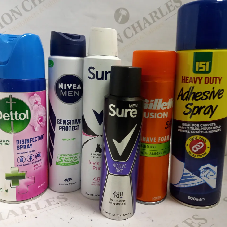 BOX OF APPROX 15 ASSORTED AEROSOLS INCLUDING SURE MEN DEODORANT, DETTOL DISINFECTANT SPRAY AND 151 HEAVY DUTY ADHESIVE SPRAY - COLLECTION ONLY
