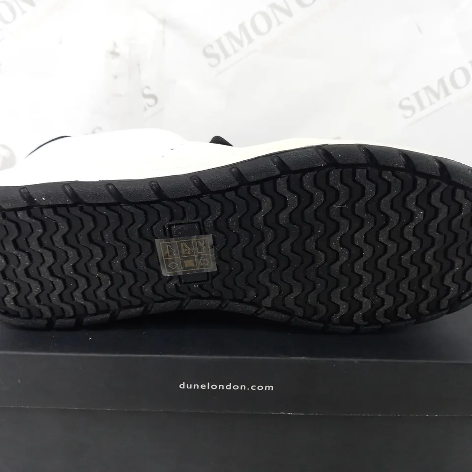 BOXED PAIR OF DUNE TRAINERS IN WHITE/BLACK UK SIZE 7