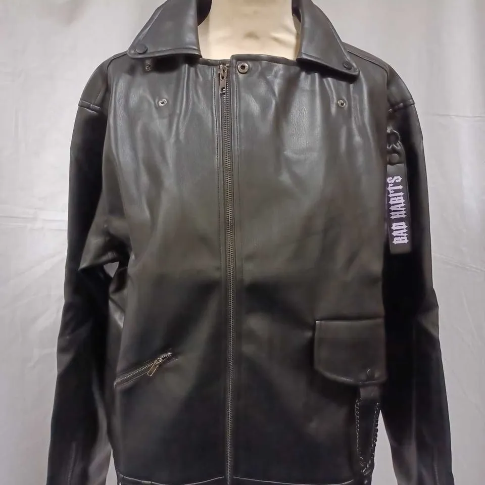 BRAND NEW KOI BAD HABITS UNISEX VEGAN LEATHER JACKET, BLACK - SIZE XS