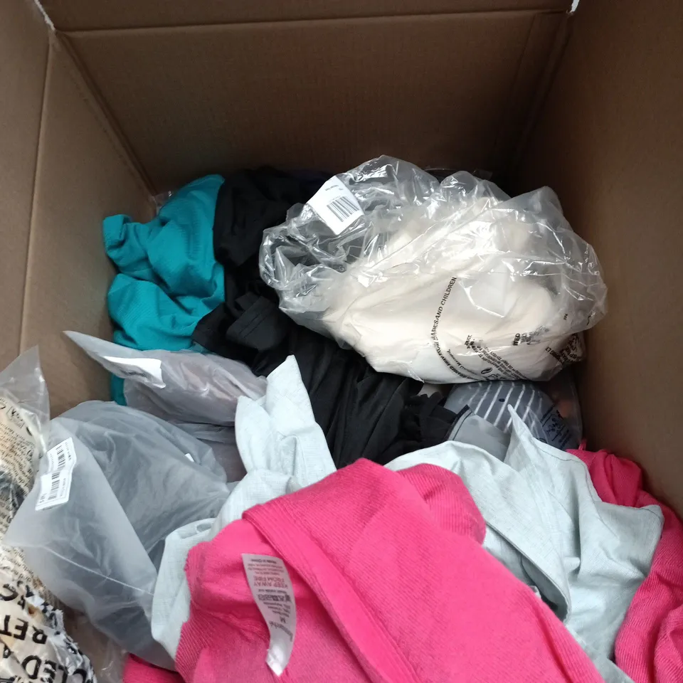 BOX OF APPROXIMATELY 25 ASSORTED CLOTHING ITEMS TO INCLUDE CAP, FUNNY CHRISTMAS T SHIRT, PURPLE DRESS ETC
