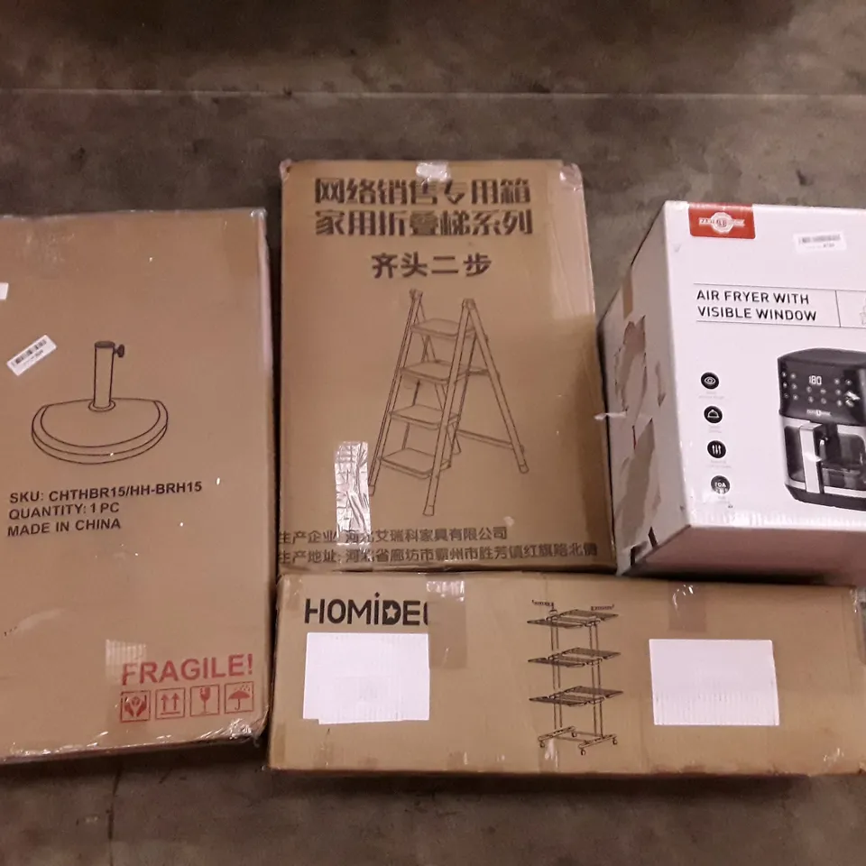PALLET OF ASSORTED PRODUCTS INCLUDING STEP LADDER, PARASOL BASE, HOMIDEC DRYING RACK, AIR FRYER WITH VISIBLE WINDOW
