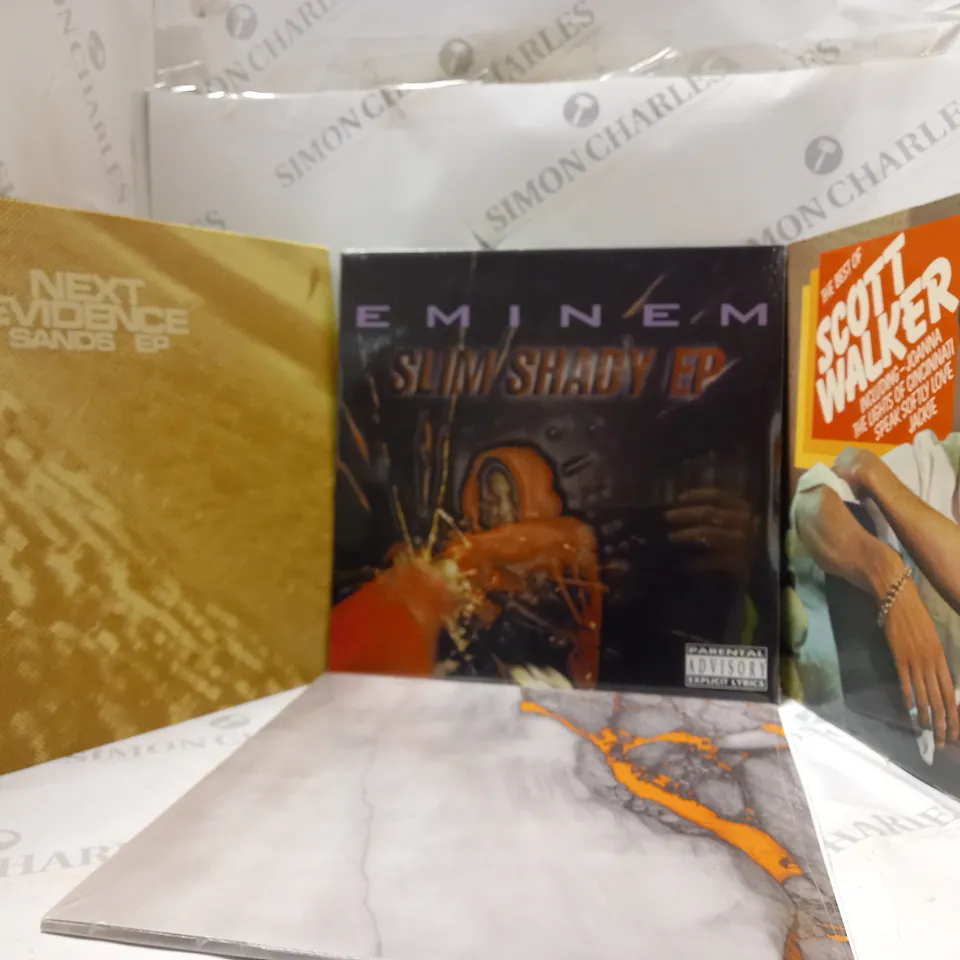 BOX OF 10 ASSORTED VINYL RECORDS, TO INCLUDE; EMINEM SLIM SHADY EP - NEXT EVODEMCE SAMDS EP - THE BEST OF SCOTT WALKER ECT