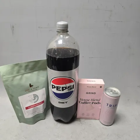 APPROXIMATELY 12 ASSORTED FOOD & DRINK ITEMS TO INCLUDE - PEPSI DIET , GRIND HOUSE BLEND PODS , TRIP ETC