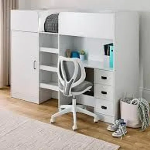 BOXED JACKSON HIGH SLEEPER BED WITH WARDROBE AND DESK - WHITE (3 BOXES)