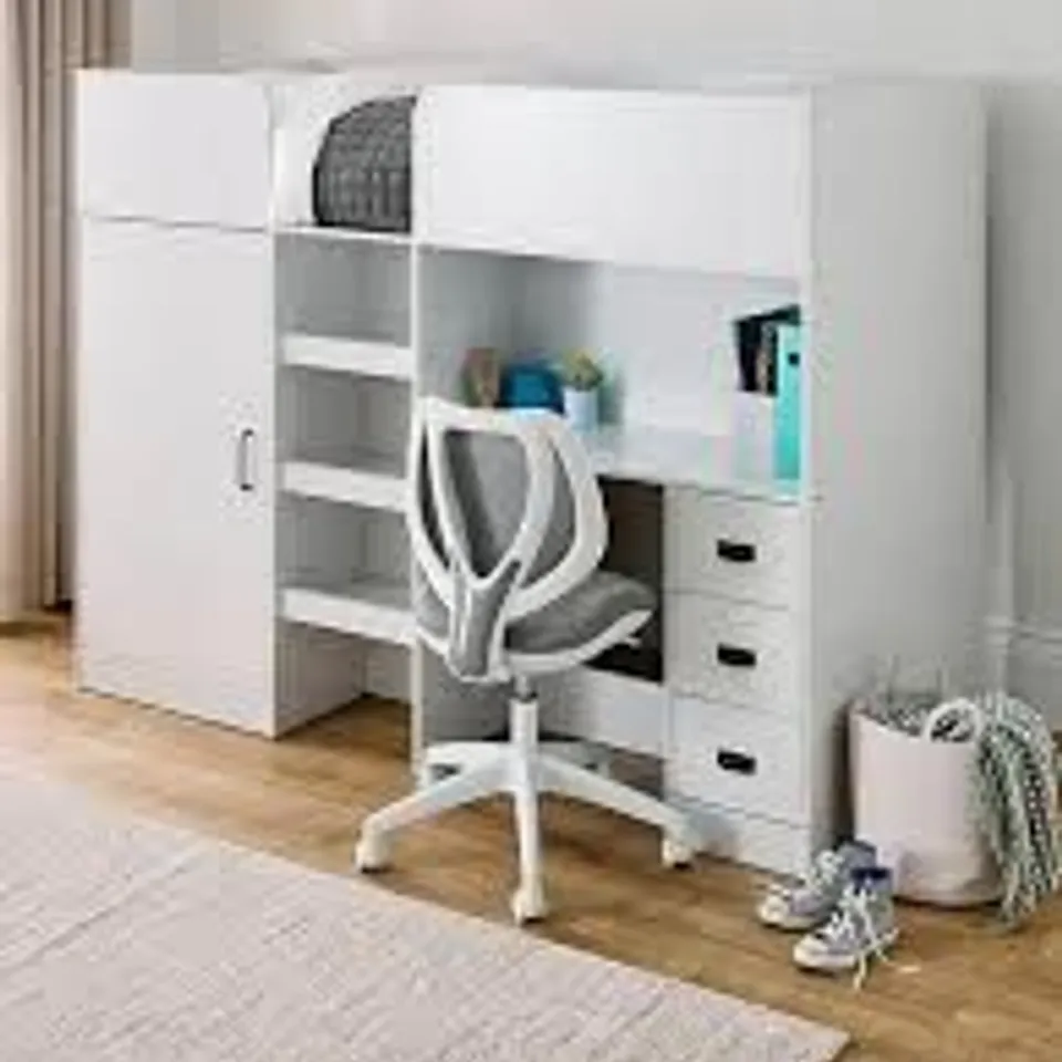 BOXED JACKSON HIGH SLEEPER BED WITH WARDROBE AND DESK - WHITE (3 BOXES)