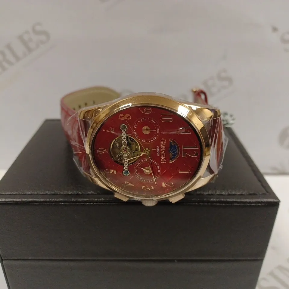 GAMAGES OF LONDON LIMITED EDITION HAND ASSEMBLED MUSE AUTOMATIC ROSE RED WATCH RRP £805