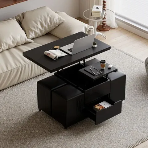 BOXED 99CM LIFT-TOP FOLDABLE BLACK COFFEE TABLE WITH 4 STOOLS & STORAGE (3 BOXES)