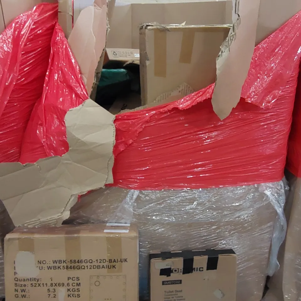 PALLET OF ASSORTED ITEMS INCLUDING: VANITY MIRROR, INSECT KILLER, TOILET SEAT, TOOLS, BLINDS