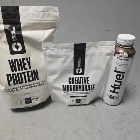 APPROXIMATELY 15 ASSORTED FOOD & DRINK ITEMS TO INCLUDE - HUEL CHOCOLATE , AIRWAVES , MARCHON SUPPLEMENTS WHEY PROTEIN VANILLA ETC