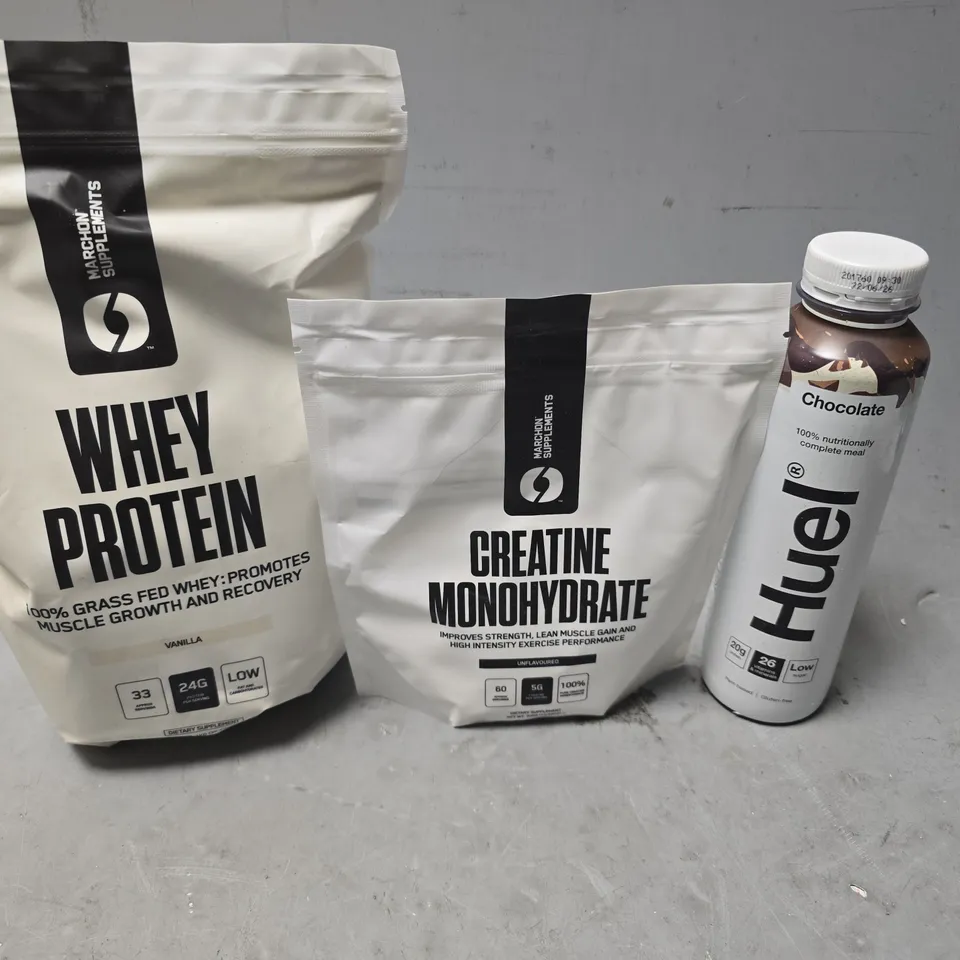 APPROXIMATELY 15 ASSORTED FOOD & DRINK ITEMS TO INCLUDE - HUEL CHOCOLATE , AIRWAVES , MARCHON SUPPLEMENTS WHEY PROTEIN VANILLA ETC