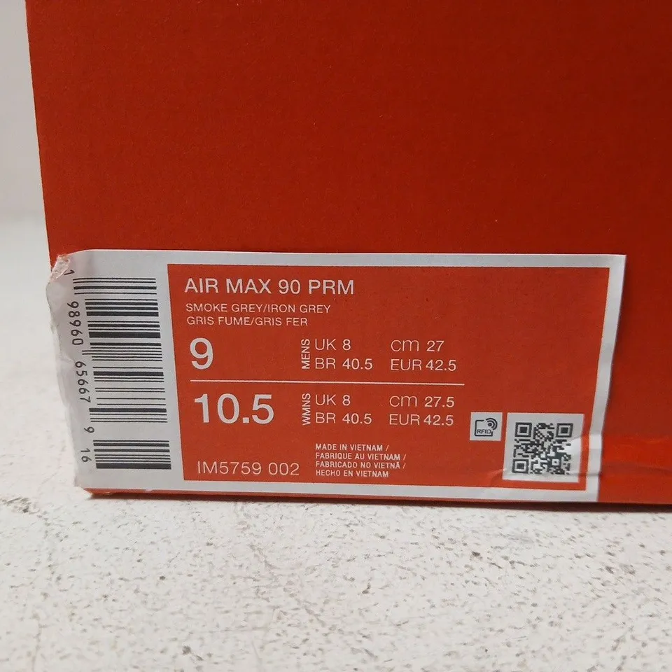 BOXED PAIR OF AIR MAX 90 PRM SNEAKERS – SMOKE GREY/IRON GREY, UK 8