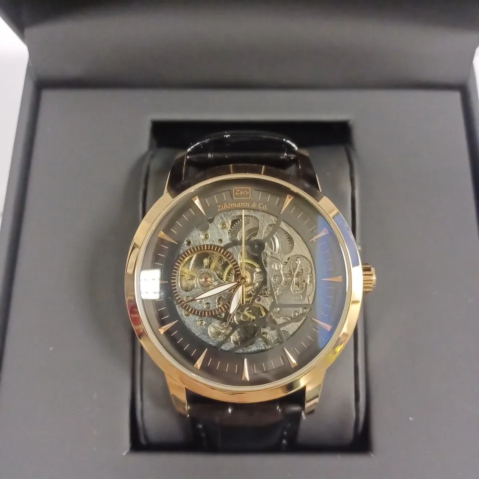 ZIHLMANN & CO AUTOMATIC SKELETON BLACK LEATHER STRAP WRISTWATCH
