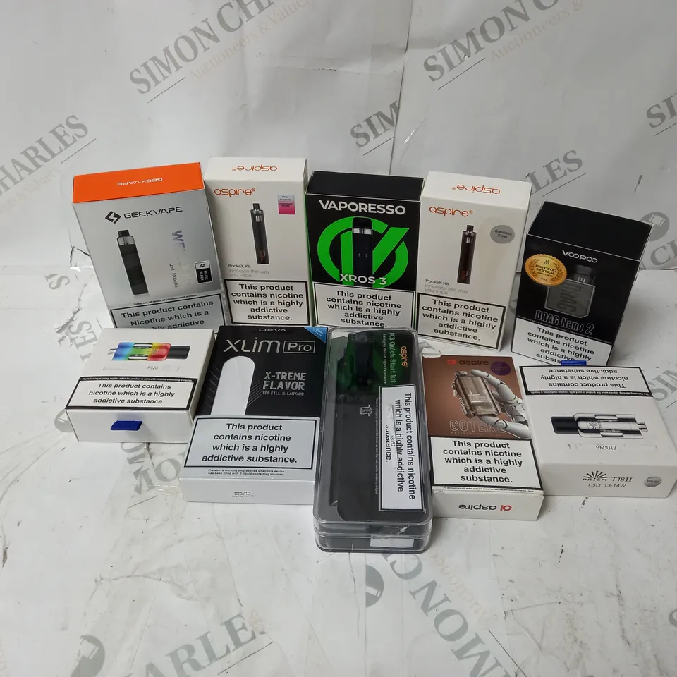 BOX OF APPROXIMATELY 10 ASSORTED E-CIG PRODUCTS TO INCLUDE ASPIRE, GEEKVAPE, VAPORESSO 