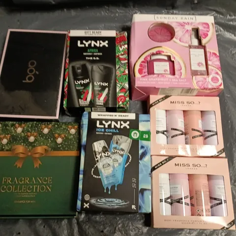 LOT OF 7 ASSORTED BOXED COSMETIC GIFT SETS TO INCLUDE SUNDAY RAIN, LYNX AND MISS...SO?