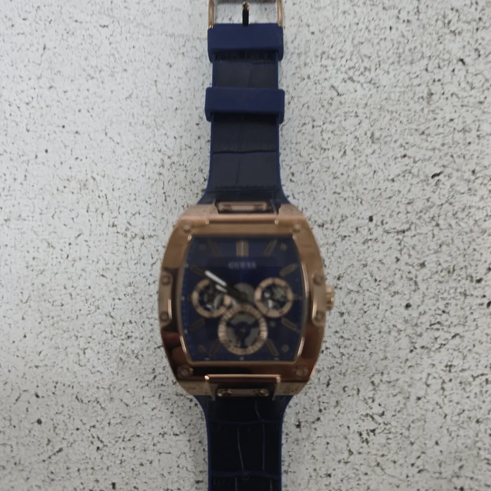 GUESS WATCH – BLUE DIAL, ROSE GOLD-TONE CASE, BLUE STRAP