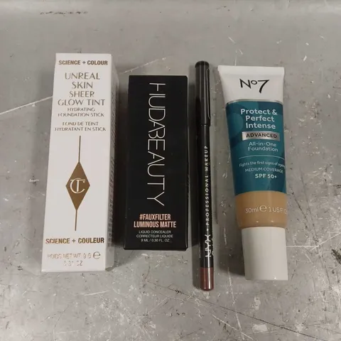 LOT OF 4 ASSORTED COSMETIC ITEMS TO INCLUDE - NO7 PROTECT & PERFECT FOUNDATION - CHARLOTTE TILBURY HYDRATING FOUNDATION STICK - HUDABEAUTY LIQUID CONCEALER - ETC