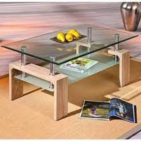 BRAND NEW & BOXED LOANA GLASS COFFEE TABLE WITH UNDERSHELF AND OAK LEGS (2 BOXES)